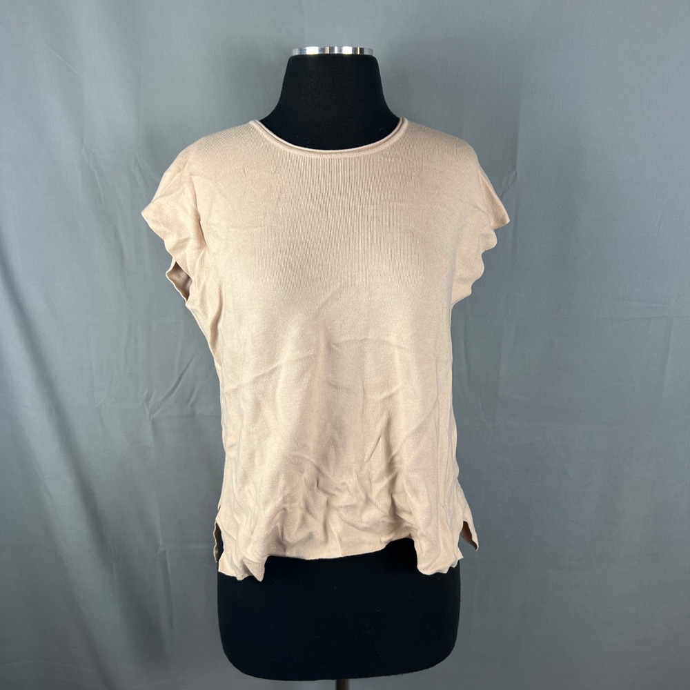 Ekouaer Knit Top Womens S Beige Lightweight Relaxed Fit High Low Hem Side Slits